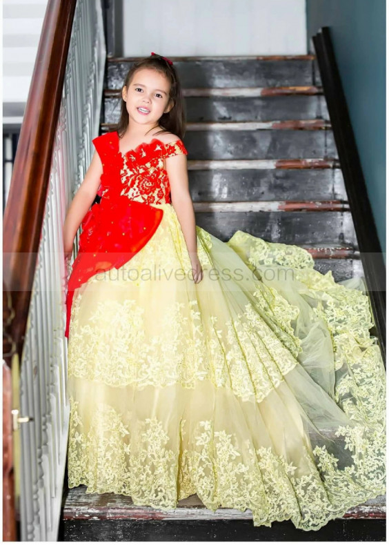 Red And Yellow Lace Tulle Chic Flower Girl Dress Red And Yellow Lace Tulle Chic Flower Girl Dress